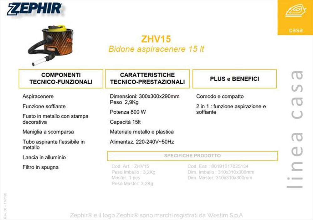 ZEPHIR-Bidone aspiracenere 15l.