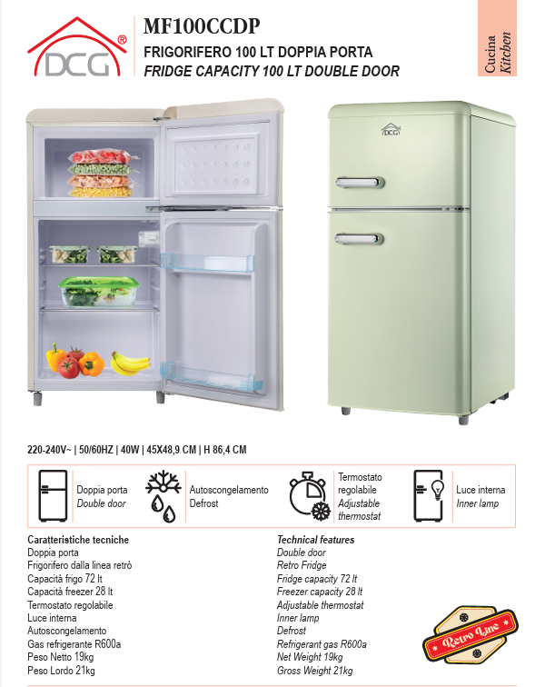 DCG- Frigorifero Doppia Porta Capacità 100 Litri Classe energetica E Raffreddamento Statico